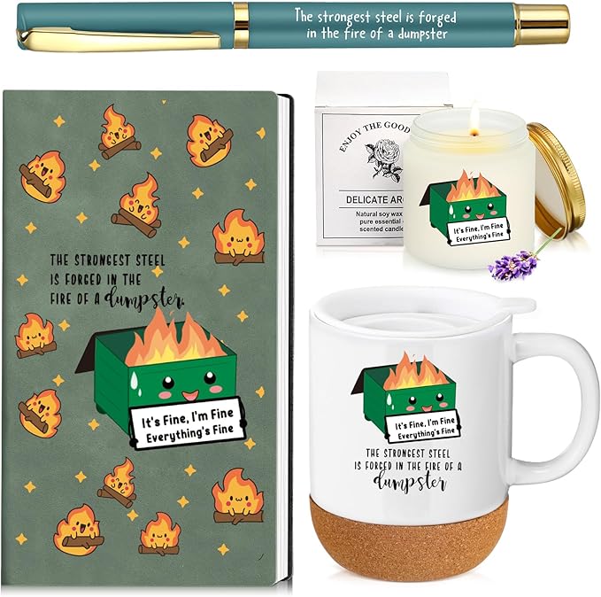 4 Pcs Funny Dumpster Gag Gifts Set for Coworker Employee Valentines Day Emotional Dumpster Notebook Mug Ballpoint Pen Scented Candle Appreciation Gift for Work Team Staff Teacher Nurse Boss