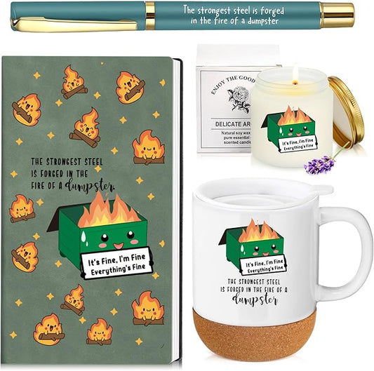 4 Pcs Funny Dumpster Gag Gifts Set for Coworker Employee Valentines Day Emotional Dumpster Notebook Mug Ballpoint Pen Scented Candle Appreciation Gift for Work Team Staff Teacher Nurse Boss