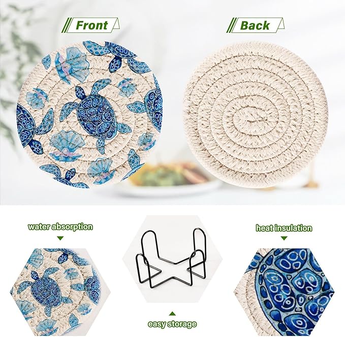 Blue Ocean Map Drink Coasters - Set of 6 Turtle Design - Absorbent Cotton Woven Coasters for Coffee Table Protection