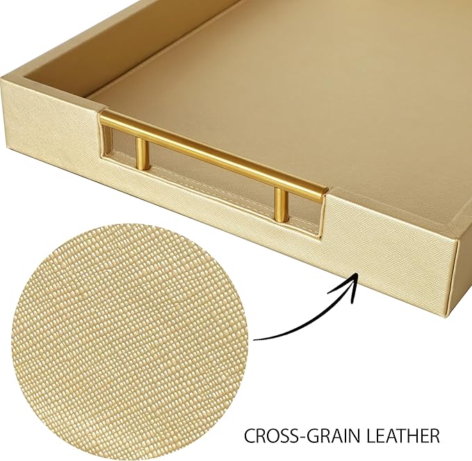HofferRuffer Faux Leather Serving Tray with Gold Metal Handles, Stylish Decorative Tray Organizer for Coffee Table, Ottoman, Home Decor and Serving (Gold, 16.2" x 12.2" x 2")