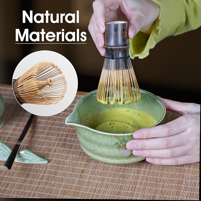 7-Piece Matcha Set with Ceramic Matcha Bowl, Bamboo Whisk (Chasen) & Holder, Sifter, Tea Scoop & Rest, Special Bamboo Tea Mat - Perfect Matcha Kit for Matcha Lovers & Gift Giving, Green
