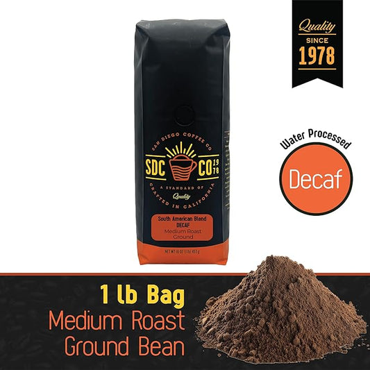 San Diego Coffee DECAF South American Blend, Medium Roast, Ground Coffee, 16-Ounce Bag Café descafeinado molido tostado