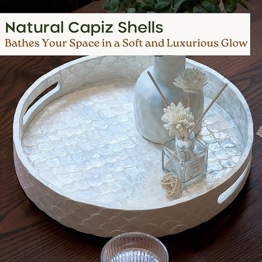 12.6 Inch Capiz Round Decorative Tray, Decorative Serving Tray with Handles for Coffee Table, Kitchen Counter, Bathroom Vanity or Dining Table Centerpiece Tray, Modern Farmhouse Decor