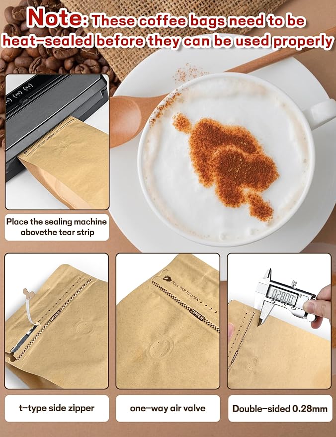 FireKylin 50 PCS Coffee Bags with Valve, (8 oz, 0.5 lb) Kraft Paper Stand Up Pouches, Resealable Coffee Bean Bags, Vented Food Storage Bags Side Zipper(Kraft)