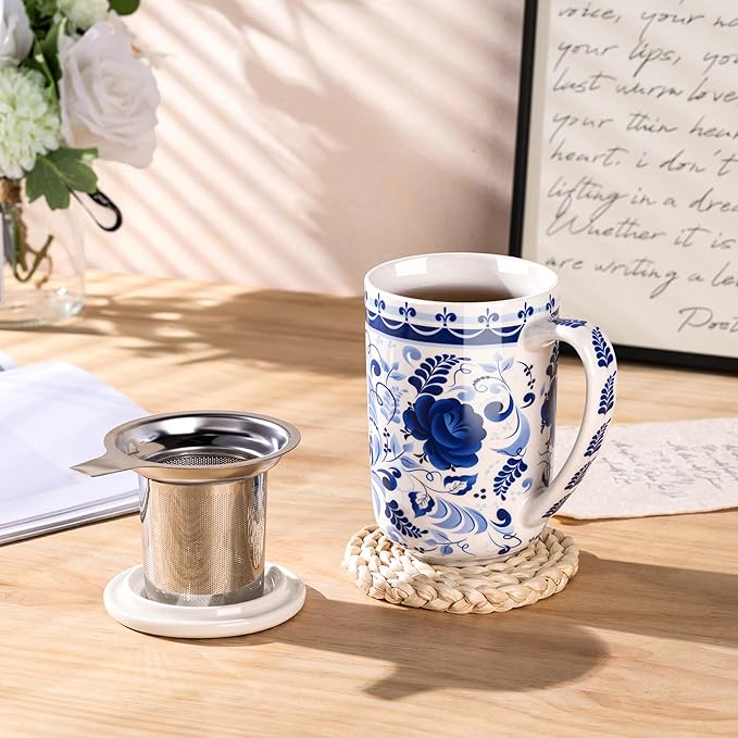 GBhome Tea Mug with Infuser and Lid, 18 Ounce Large Ceramic Loose Leaf Cup, Microwave, Dishwasher Safe, Perfect For Tea Lovers