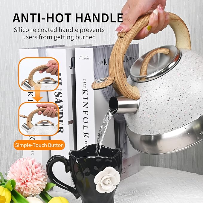 3 Quart Stainless Steel Whistling Tea Kettle – Natural Stone Finish Teapot with Cool-Touch Wood Handle, Loud Whistle & Rust-Resistant Base(white)