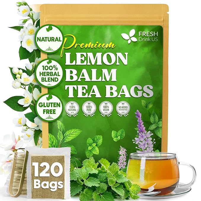FreshDrinkUS, Premium 120 Lemon Balm Leaf Tea Bags, 100% Natural & Pure from Lemon Balm Leaves. Loose Leaf Herbal Te. No Sugar, No Caffeine, No Gluten, Vegan.