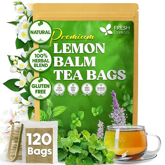 FreshDrinkUS, Premium 120 Lemon Balm Leaf Tea Bags, 100% Natural & Pure from Lemon Balm Leaves. Loose Leaf Herbal Te. No Sugar, No Caffeine, No Gluten, Vegan.