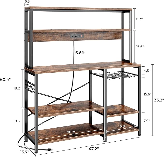 SUPERJARE Bakers Rack with Power Outlet, 47.2 Inches Coffee Bar with Wire Basket, Kitchen Microwave Stand with 6 S-Shaped Hooks, Open Storage Shelves, Rustic Brown