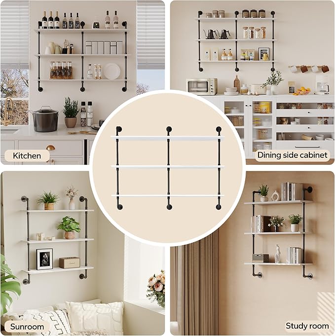 3-Tier Industrial Pipe Floating Shelf – Rustic 60 inch Wood Wall-Mounted Storage Shelf for Kitchen Office,Bathroom & Home Decor -White