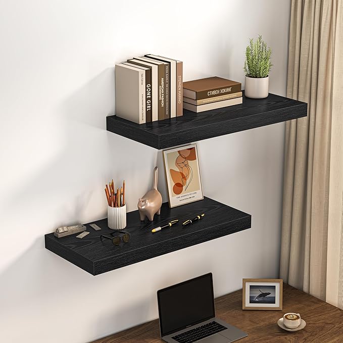 Dreamland 32" Floating Shelves for Wall, 12" Deep Thicker Black Floating Shelves, Wall-Mounted Shelves for Bedroom, Living Room, Kitchen, Bathroom - Set of 2