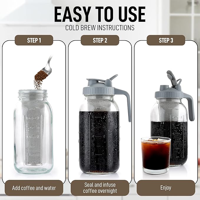 Zulay Premium Cold Brew Coffee Maker - 64oz Mason Jar With Leak-Proof Lid & Extra-Thick Glass - Fine-Mesh Stainless Steel Filter For Smooth Cold Brew & Iced Tea - Gray
