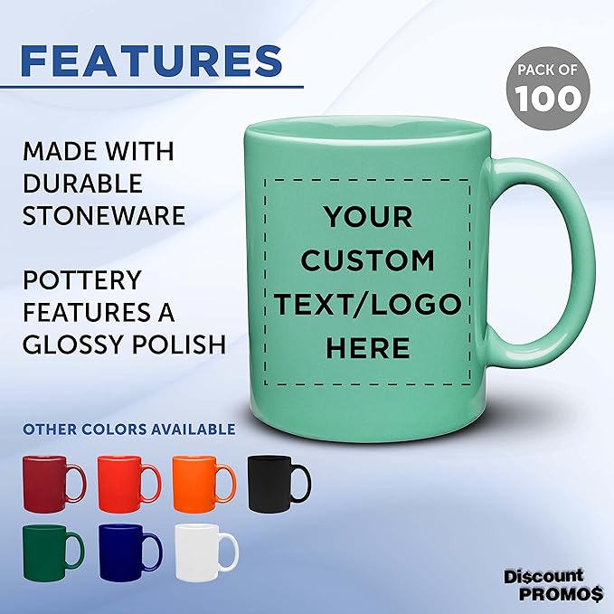 Custom Ceramic Coffee Mugs 11 oz. Set of 100, Personalized Bulk Pack - Coffee cup set, Iced coffee cup, Gaming mug - Teal