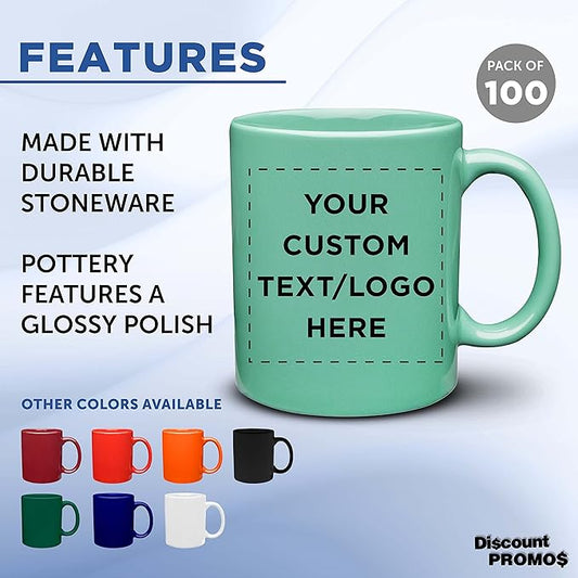 Custom Ceramic Coffee Mugs 11 oz. Set of 100, Personalized Bulk Pack - Coffee cup set, Iced coffee cup, Gaming mug - Teal