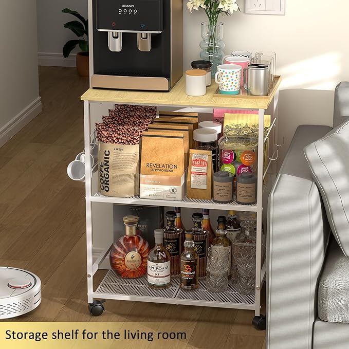 Rolling Kitchen Microwave Cart, 3 Tier Microwave Table Stand with Storage, Kitchen Utility Cart on Lockable Wheels, Small Coffee Station Shelf Rack Organizer for Living Room Office, Balcony