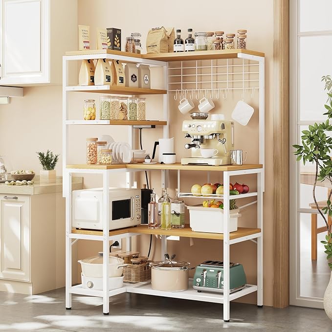 iabifo L-Shaped White Bakers Rack with Power Outlet, Kitchen Storage Rack with Hooks, Wire Shelf with Open Storage, Mesh Grid, Wire Basket