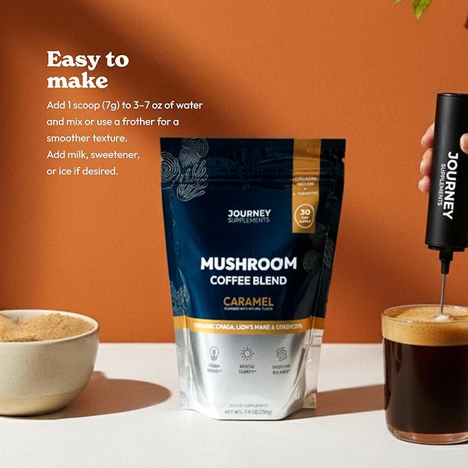 Mushroom Coffee with Collagen - Caramel Blend – Adaptogenic Instant Coffee for Energy, Focus, & Mental Clarity – Enhanced with Lion’s Mane, Chaga, Cordyceps & L-Theanine (30 Servings)