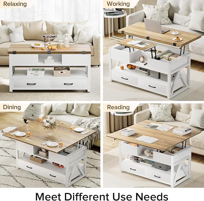 40" Lift Top Coffee Table,4 in 1 Multi-Function Lift Coffee Tables with Storage Drawers and Hidden Compartmen,Farmhouse Coffee Table with Lifting top for Living Room, White+Brown