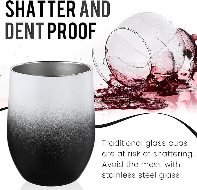16 Pack Stainless Steel Wine Tumblers 12 oz Insulated Vacuum Wine Cup Set Double Wall Stainless Steel Stemless Mug Glasses for Coffee Soda Whiskey Outdoor Travel (Black and White)