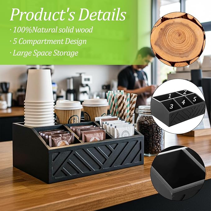 Kifmurase Black Coffee Station Organizer for Counter, Wood Coffee Pods Holder Storage Basket with 5 Compartments, Coffe and Tea Condiment Basket Storage Organizer, Farmhouse Bar Accessories Decor