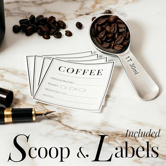 STYLED SETTINGS Vacuum Coffee Canister with Airtight Lid – Dual-Lid Airtight Coffee Canister with Scoop and Label for Beans and Grounds, Food Storage Container -White and Gold Kitchen Accessories