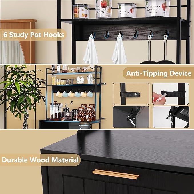 Kitchen Bakers Rack with Storage Shelf - 6-Tier Microwave Stand Oven Cabinet W/Tilting Trash Can Bin and Power Outlet, Farmhouse Thickened Coffee Bar Table Station W/6 Hooks&Adjustable feet