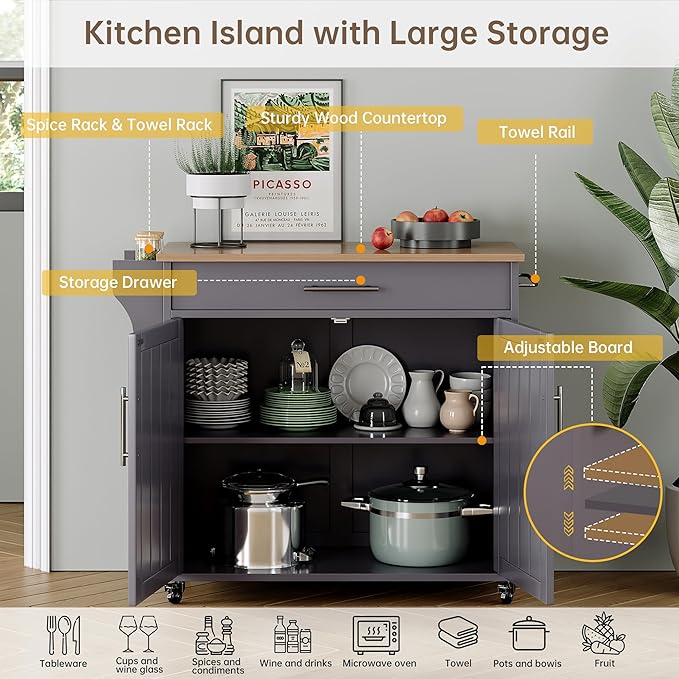 Wood Kitchen Island with Storage, Wooden Rolling Kitchen Island On Wheels with Countertop, Mobile Kitchen Island Cart with Towel Rack, Spice Rack, Adjustable Shelf and Drawers, Grey