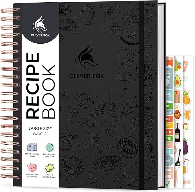Clever Fox Recipe Book Spiral – Blank Family Cookbook – Empty Cooking Journal – Notebook Organizer to Write In Recipes – Large (Black)