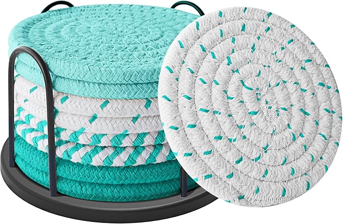 Coasters Set of 8 for Drinks, Beer, Coffee, Cotton Woven 4 Colors Absorbent Coaster with Holder, Boho Coasters for Home Decor Tabletop Protection Suitable for Kinds of Cups