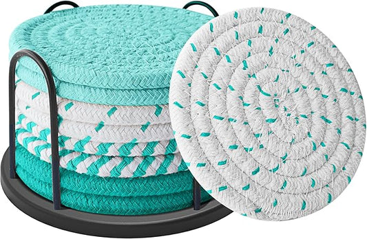 Coasters Set of 8 for Drinks, Beer, Coffee, Cotton Woven 4 Colors Absorbent Coaster with Holder, Boho Coasters for Home Decor Tabletop Protection Suitable for Kinds of Cups