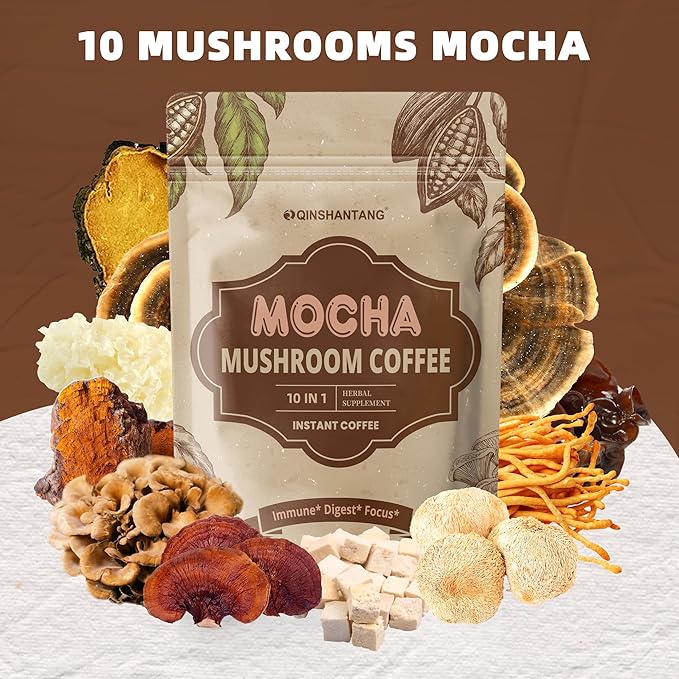 Mushroom Coffee with Cocoa Powder, 10 in 1 Mushroom Blend Instant Powder, Coconut & MCT | Focus, Energy, Immunity | Sugar Free, Vegan, Gluten-Free, Non-GMO | 30 Servings, 8.5 Oz