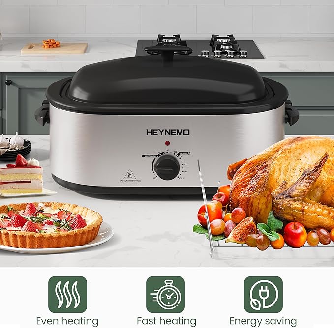 Roaster Oven 24QT, Electric Roaster Pan with 3 Compartments and Self-Basting Lid, Large Stainless Steel Electric Turkey Roaster Oven Defrost Warm Function, Removable Pan Rack, Fits Turkeys Up to 28LB