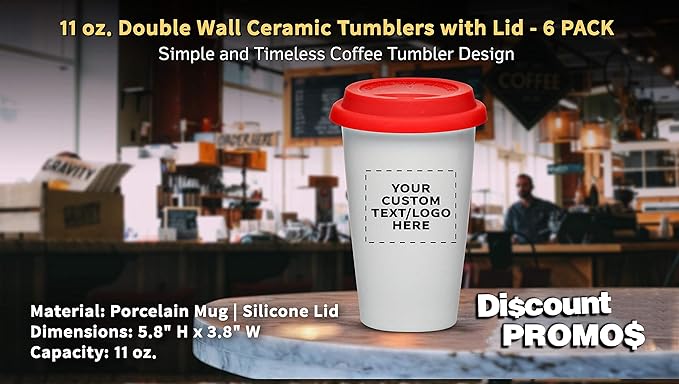 Personalized 11 oz. Double Wall Ceramic Tumblers with Lid - 6 Pack - Custom Text, Logo - Red