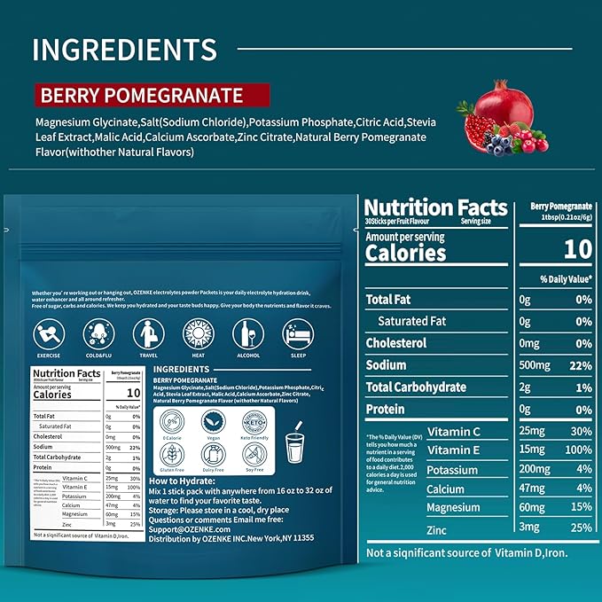 Electrolytes Powder Packets, 30 Sticks Hydration Packet Sugar Free, Electrolyte Drink Mix Travel Electrolyte for Rapid Hydration, Berry Pomegranate