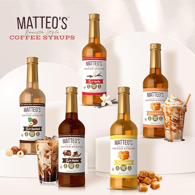 Matteo's French Vanilla Syrup for Coffee, Lattes, Cappuccinos & Desserts – Sugar-Free Sweetener for Beverages, Keto Friendly, Zero Calories, Indulgent Flavor, Non-Alcoholic, 33.8oz (1pk)