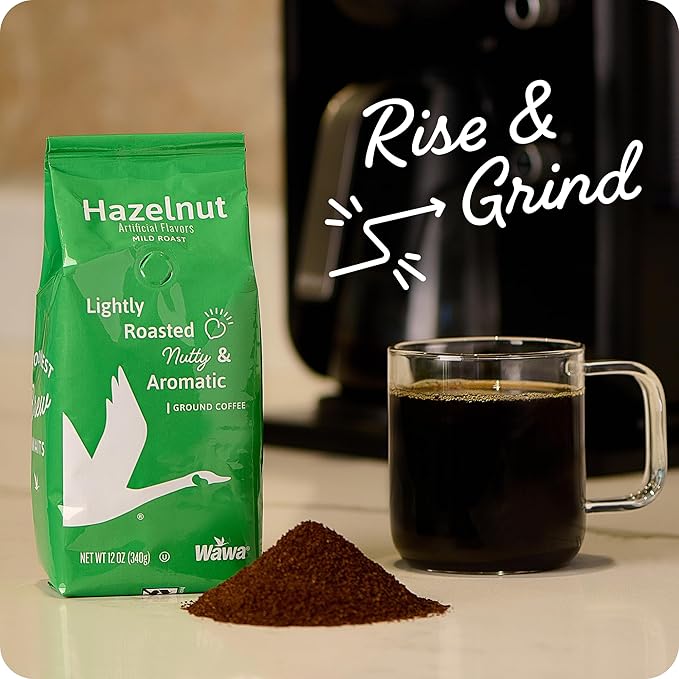 Wawa Ground Coffee Mild Roast, Hazelnut, 12 oz Bag, Lightly Roasted, Nutty Aromatic Smooth Balanced Blend For Hot or Iced Coffee, 100% More Responsibly Sourced from Rainforest Alliance Certified Farms