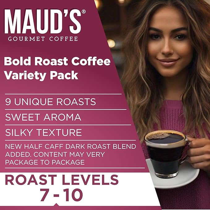 Maud's Bold Dark Roast Coffee Pods Variety Pack, 40 ct, 9 Assorted Dark Roast Flavors in Single Serve Pods – 100% Arabica Coffee, Compatible with Keurig K Cups Maker