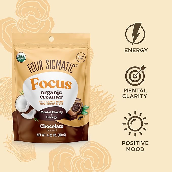 Four Sigmatic Focus Chocolate Coffee Creamer | Organic Non Dairy Coffee Creamer with Lion’s Mane and Vitamin B12 | Chocolate, 4.23 oz (Pack of 2)