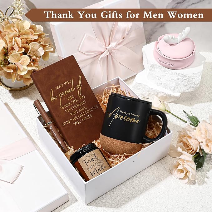 4 Pcs Thank You Gift Set for Men Women Employee Coworker Gifts Inspirational Appreciation Notebook Coffee Mug Scented Candle Pen for Valentine's Day Team Office Staff Teacher Nurse Volunteer