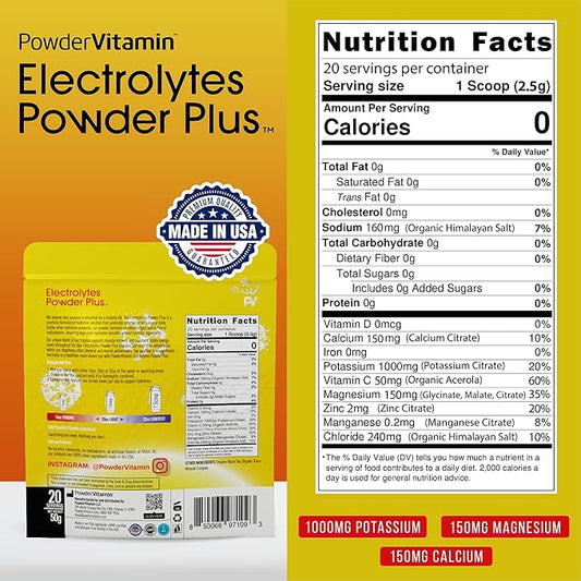 PowderVitamin Electrolytes Powder Plus (20 Servings) Unsweetened Black Tea Electrolyte Powder Keto,SugarFree, Pink Himalayan Salt,1000mgPotassium,150mgCalcium,150mgMagnesium,Hydration Powder NO STEVIA