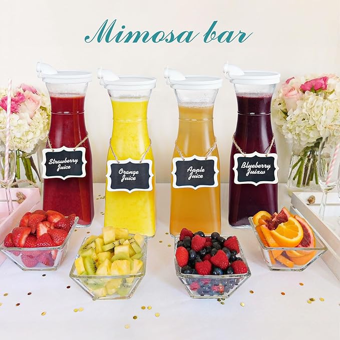 Glass Pitcher, 1 Liter Carafe for Mimosa Bar, 2 Pcs, Square Pitcher with Lid and Spout, Juice Container for Fridge, Cold Brew, Milk, Water Dispenser, Tea, Creamer, Sangria (3 Lids & 2 Spouts)