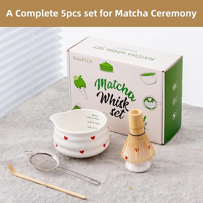 5pcs Premium Matcha Set,Ceramic Bowl with Spout and Bamboo Whisk set, Ceremonical Matcha Kit for breakfast/latte,Tea Starter Making Kit,Unique Matcha Gift set (love)