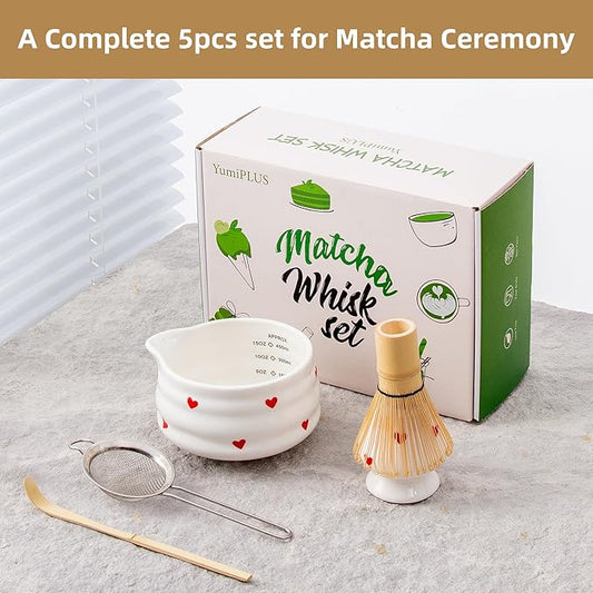 5pcs Premium Matcha Set,Ceramic Bowl with Spout and Bamboo Whisk set, Ceremonical Matcha Kit for breakfast/latte,Tea Starter Making Kit,Unique Matcha Gift set (love)