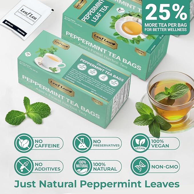 LeafLea 40 Peppermint Tea Bags, Natural Peppermint Leaf Herbal Tea with Cool Taste, Te De Menta for Gentle Digestive Support, Te De Hierba Buena, Caffeine-Free, Sugar-Free, Vegan, Individually Wrapped