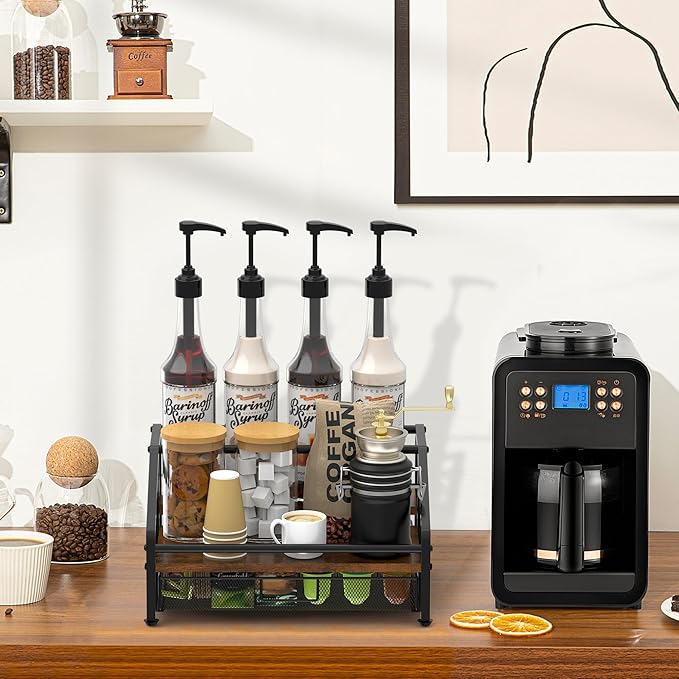 Alyoen Coffee Syrup Organizer Rack, 3-Tier Coffee Station Organizer for Countertop, Coffee Bar Organizer with 35K Cup Storage Basket, Coffee Syrup Holder Stand for Coffee Bar Accessory, Syrup - Wine