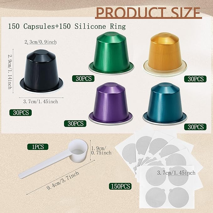Disposable Coffee Pods For Nespresso OriginalLine,150 Empty Fillable Espresso Capsules With Aluminum Foil Lids,Make Your Own Replacement Pod For Nespresso Machines(Black,Gold,Green,Purple,Blue)