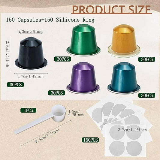 Disposable Coffee Pods For Nespresso OriginalLine,150 Empty Fillable Espresso Capsules With Aluminum Foil Lids,Make Your Own Replacement Pod For Nespresso Machines(Black,Gold,Green,Purple,Blue)