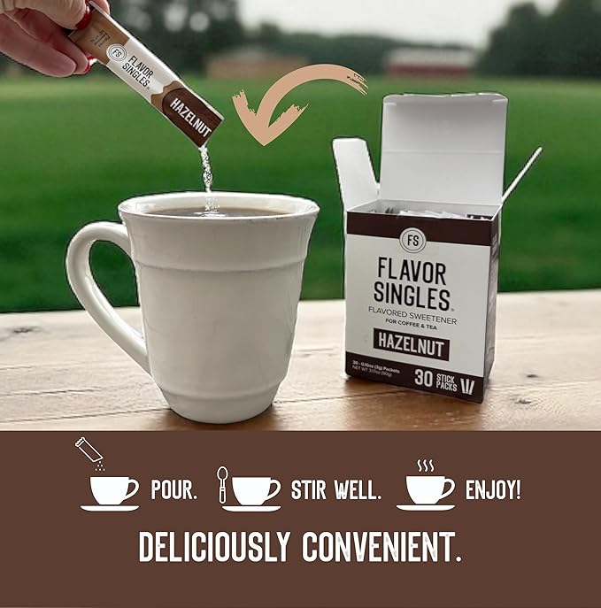 Flavor Singles Hazelnut Powdered Sweetener Packets for Coffee & Tea, Travel Ready Single-Serve Syrup Alternative, 30 Count (Pack of 3)