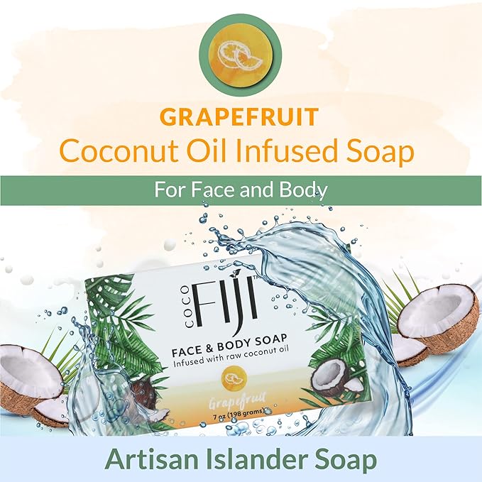 Coco Fiji Soap Bar for Face and Body Infused With Organic Coconut Oil, Grapefruit, Essential Oil, Natural Soap for Moisturizing & Pore Purifying Skin, 7 oz,Pack of 2