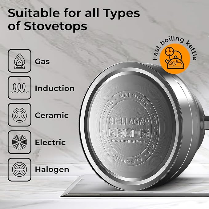 Stovetop Whistling Tea Kettle – 2.4 QT Stainless Steel Teapot with Ergonomic Handle, Fast Heating for Gas, Electric & Induction Stoves – Satin Finish, Silver